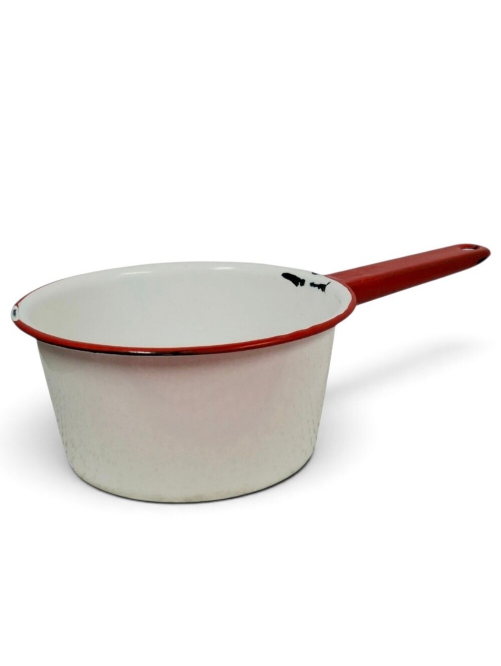 Vintage Red White Enamelware Saucepan Cookware Farmhouse Kitchen Collectible